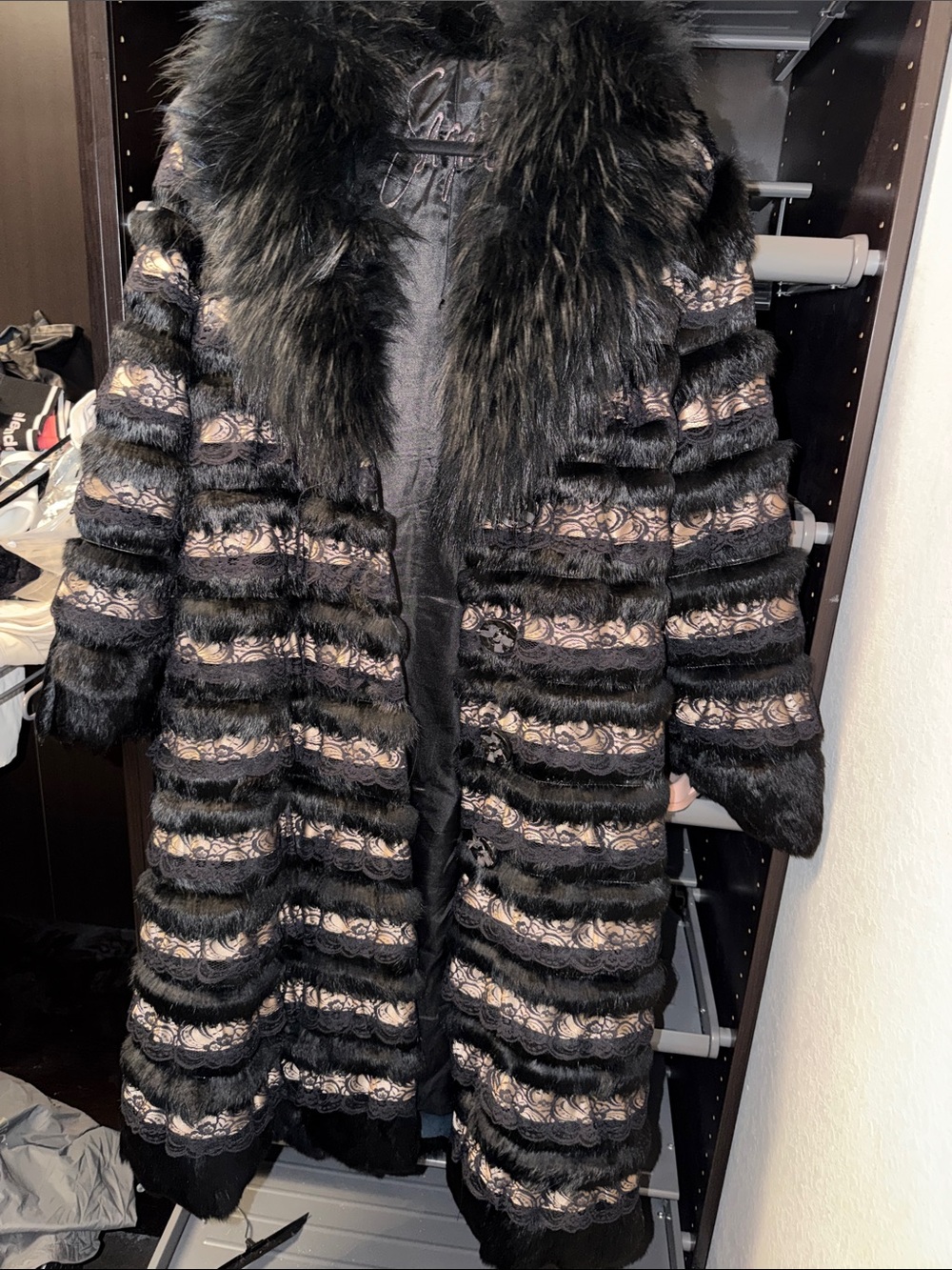 sagaie brand Luxury Black Faux Fur & Lace-Trim Long Trench Coat